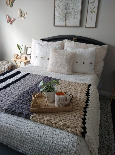 Cream Fuzzy Throw Pillow with chunky blanket