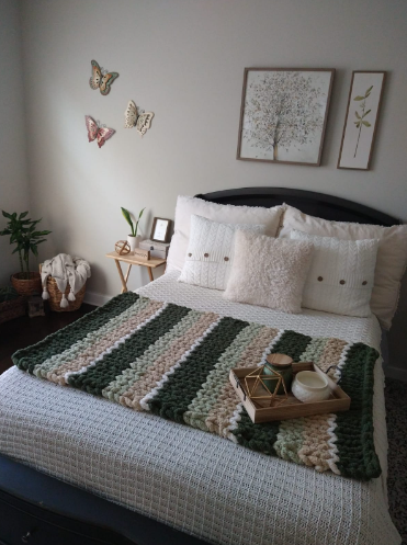 Cream Fuzzy decorative Pillow green blanket