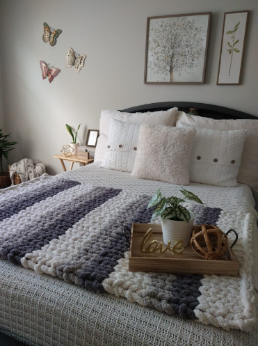 Cream Fuzzy Throw Pillow with chunky throw blanket