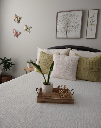 GREEN THROW PILLOW COMBINED WITH IVORY FUZZY THROW PILLOW