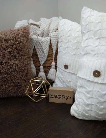 Beautiful Contrast in colors and textures ... -  1 Fuzzy Throw Pillow -  2 Ivory Button Knit Throw Pillows 